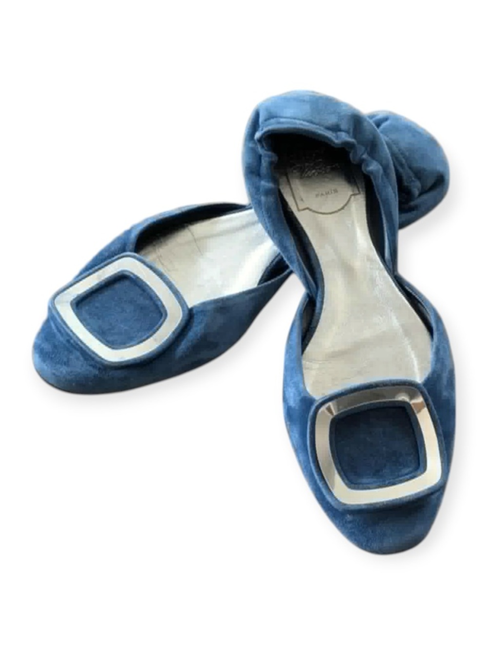Roger Vivier Buckle Flats Blue Suede Square Toe Designer Shoes 36  US 6
